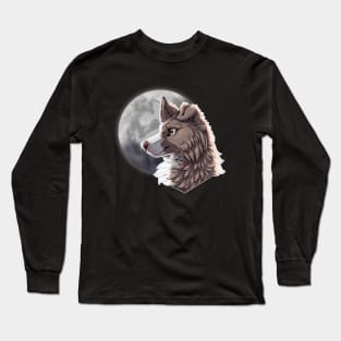 Lilac Border Collie with Night Sky Full Moon Long Sleeve T-Shirt